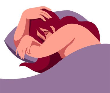 Yatakta tatlı tatlı uyuyan bir kızın bembeyaz bir arka plandaki pastel renkli yastığa saçılmış halinin vektör düz tasarım çizimi. Yatak çarşafları, yastıklar, uyku hapları reklamlarında kullanışlı.