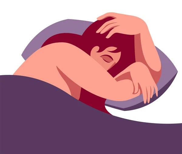 白い背景にパステルカラーの枕の上に散在した髪の毛でベッドで甘い眠りの女の子のベクトルフラットデザインイラスト — ストックベクタ