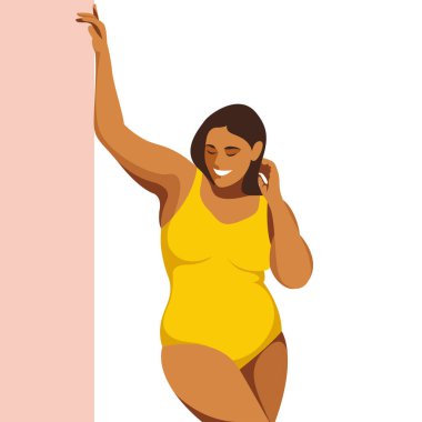 Vücut pozitifliği temasının parlak vektör çizimi. Genç, sulu, tombul bir kız karnındaki yağlardan utanmaz. Beyaz arka planda izole edilmiş. Vücudunu sev ve kabul et. Kendini sev.