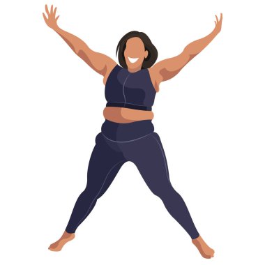 Vektör illüstrasyonunda spor üniformalı (tayt ve spor sutyeni) bir kız (spor sutyeni), beyaz arka planda izole edilmiş iyi bir modda fitness yapar. Spor stüdyoları ve programları için kullanışlı