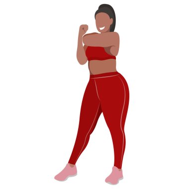 Vektör illüstrasyonunda spor üniformalı (tayt ve spor sutyeni) bir kız (spor sutyeni), beyaz arka planda izole edilmiş iyi bir modda fitness yapar. Spor stüdyoları ve programları için kullanışlı