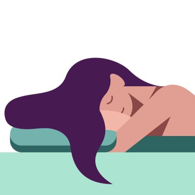 Beyaz bir arka planda, saçı pastel renklerde yastığa saçılmış tatlı bir şekilde yatakta uyuyan bir kızın tasviri. Reklam gevşetici ürünler ve uyku ürünleri için kullanışlı