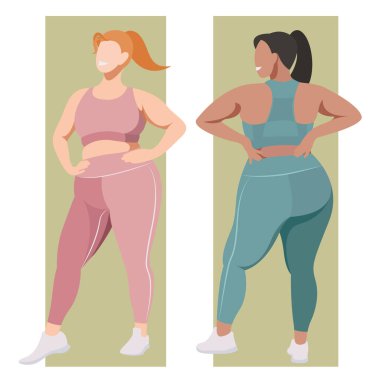 Vücut pozitifliği konusunda vektör düz çizim. Neşeli aktif kızlar artı spor üniformalı doğal güzellikler - tayt ve spor sutyen. İllüstrasyon izole. renkler değiştirilebilir.