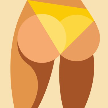 Yaz ve yaz tatilleri konulu vektör düz tasarım çizimi. Kumsalda parlak sarı bir mayo içinde bronzlaşmış güzel kadın kalçaları. Web tasarımı, el ilanları, posterler için kullanılabilir.