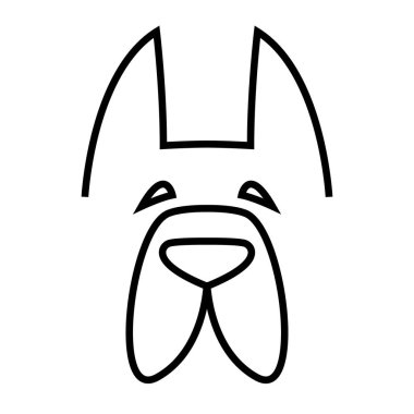 Beyaz arka planda izole edilmiş büyük köpek kafasının vektör doğrusal minimalist çizimi. Logo, köpek barınağı, evcil hayvan ürünleri reklamı, hayvan dükkanları, köpek maması, köpek gezdirme ajansları, baskı, dövme