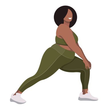 Vektör illüstrasyonunda spor üniformalı (tayt ve spor sutyeni) bir kız (spor sutyeni), beyaz arka planda izole edilmiş iyi bir modda fitness yapar. Spor stüdyoları ve programları için kullanışlı