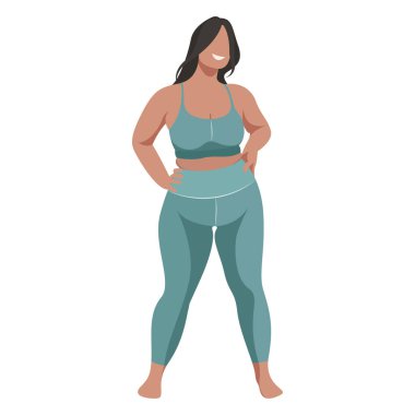 Vektör illüstrasyonunda spor üniformalı (tayt ve spor sutyeni) bir kız (spor sutyeni), beyaz arka planda izole edilmiş iyi bir modda fitness yapar. Spor stüdyoları ve programları için kullanışlı