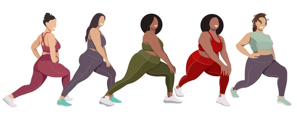 身体活動と身体活動についてのベクトル図です レギンスやスポーツブラの健康な女の子のグループがフィットネスに従事しています それぞれの図は — ストックベクタ