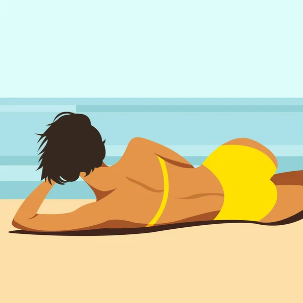 Yaz tatili konulu vektör illüstrasyonu. Sarı mayolu güzel bronzlaşmış kız sahilde güneşleniyor. Yaz tatilleri, tatil beldeleri, oteller, plajlar, baskılar için kullanışlı