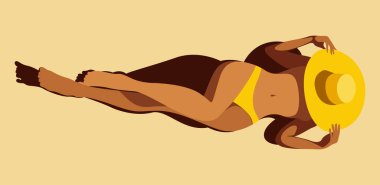 Yaz tatili konulu vektör illüstrasyonu. Sarı mayolu güzel bronzlaşmış kız sahilde güneşleniyor. Yaz tatilleri, tatil beldeleri, oteller, plajlar, baskılar için kullanışlı