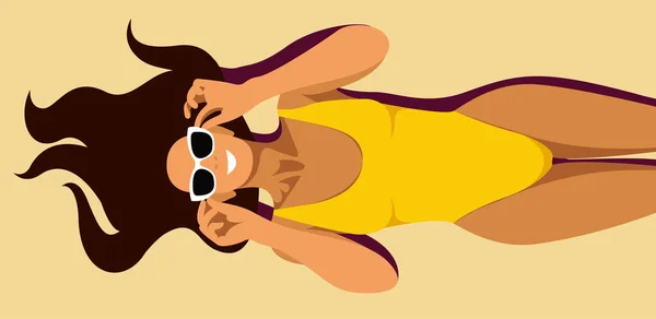 Yaz tatili konulu vektör illüstrasyonu. Sarı mayolu güzel bronzlaşmış kız sahilde güneşleniyor. Yaz tatilleri, tatil beldeleri, oteller, plajlar, baskılar için kullanışlı