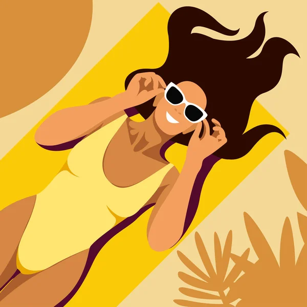 Vectorillustratie Het Thema Zomervakantie Mooi Jong Gebruind Meisje Een Geel — Stockvector