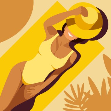 Yaz tatili konulu vektör illüstrasyonu. Sarı mayolu güzel bronzlaşmış kız, palmiye ağacının gölgesinde kumsalda güneşleniyor. Yaz tatilleri, tatil beldeleri, oteller, plajlar için kullanışlı.
