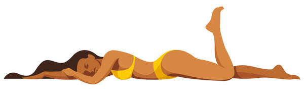 vector illustration on the theme of summer holidays. beautiful young tanned girl in a yellow bikini sunbathes on the beach with her hair scattered in the sand.useful for advertising tropical vacations