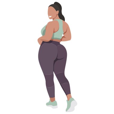 Vektör illüstrasyonunda spor üniformalı (tayt ve spor sutyeni) bir kız (spor sutyeni), beyaz arka planda izole edilmiş iyi bir modda fitness yapar. Spor stüdyoları ve programları için kullanışlı