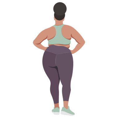 Vektör illüstrasyonunda spor üniformalı (tayt ve spor sutyeni) bir kız (spor sutyeni), beyaz arka planda izole edilmiş iyi bir modda fitness yapar. Spor stüdyoları ve programları için kullanışlı