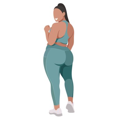 Vektör illüstrasyonunda spor üniformalı (tayt ve spor sutyeni) bir kız (spor sutyeni), beyaz arka planda izole edilmiş iyi bir modda fitness yapar. Spor stüdyoları ve programları için kullanışlı