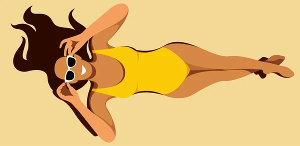 Vector Illustration Theme Summer Holidays Beautiful Young Tanned Girl Yellow — Stock Vector