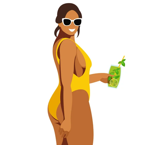 Vector Illustration Theme Summer Holidays Beautiful Young Tanned Girl Yellow — Stock Vector