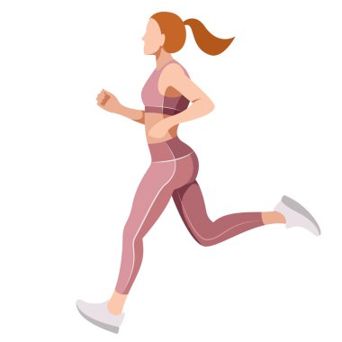 Spor üniformalı ve spor sutyenli güzel bir kızın vektör çizimi, beyaz arka planda izole edilmiş fitness, spor, trenler ile ilgilidir. Kadınlar koşar. Sabah koşusu. koşu.