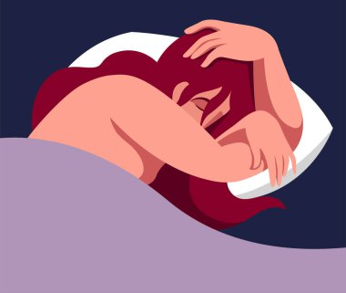 Yatakta tatlı tatlı uyuyan bir kızın vektör düz tasarım çizimi. Saçları koyu arkaplandaki pastel renklerle yastığa saçılmış. Yatak örtüsü, yastık ve uyku hapları reklamında kullanışlı.