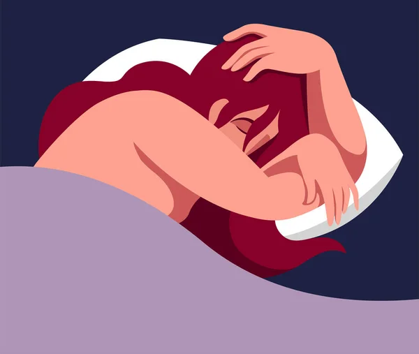 暗い背景にパステルカラーの枕の上に散在彼女の髪でベッドで甘い眠りの女の子のベクトルフラットデザインイラスト — ストックベクタ