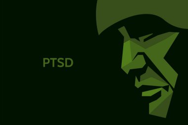 Bir askerin vektör kamuflaj profili. Miğferli bir askerin silüeti. Savaş gazilerinde depresyon, ruhsal sağlık ve duygusal sorunlar, travma sonrası stres bozukluğu (PTSD) ve rehabilitasyon vardır.
