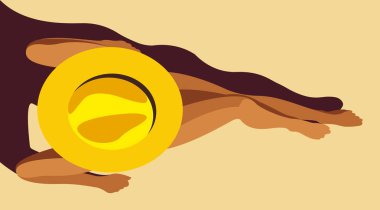 Yaz tatilleri temalı vektör görüntüsü. Sarı mayo giymiş, bronz tenli güzel bir kız plajda güneşleniyor. Yaz tatilleri, tatil beldeleri, oteller, plajlar reklamlarında kullanılıyor.