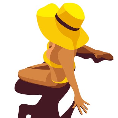 Yaz tatili konulu vektör illüstrasyonu. Sarı mayo giymiş bronzlaşmış bir kız kumsalda dizlerinin üzerinde beyaz bir arka planda izole edilmiş bir şapkayla oturuyor. Yaz tatili reklamı için kullanışlı