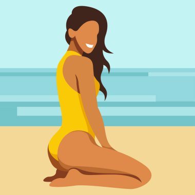 Yaz tatili temasında vektör modayı. Sarı mayo giymiş bronzlaşmış bir kız sahilde poz verir, güneşlenir, dinlenir, tropik bir tatil köyünde denizin ya da okyanusun arka planına yaslanır..