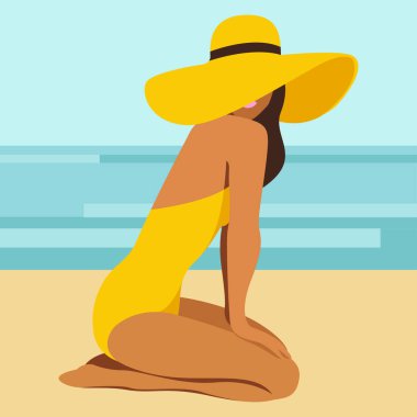 Yaz tatili konulu vektör resmi. Sarı mayo giymiş bronzlaşmış bir kız, plajda şapkayla poz verir, güneşlenir, dinlenir, tropik bir tatil köyünde denizin veya okyanusun arka planına karşı dinlenir..