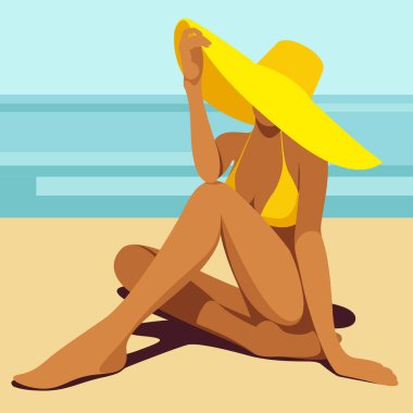 Yaz tatili konulu vektör resmi. Sarı mayo giymiş bronzlaşmış bir kız, plajda şapkayla poz verir, güneşlenir, dinlenir, tropik bir tatil köyünde denizin veya okyanusun arka planına karşı dinlenir..