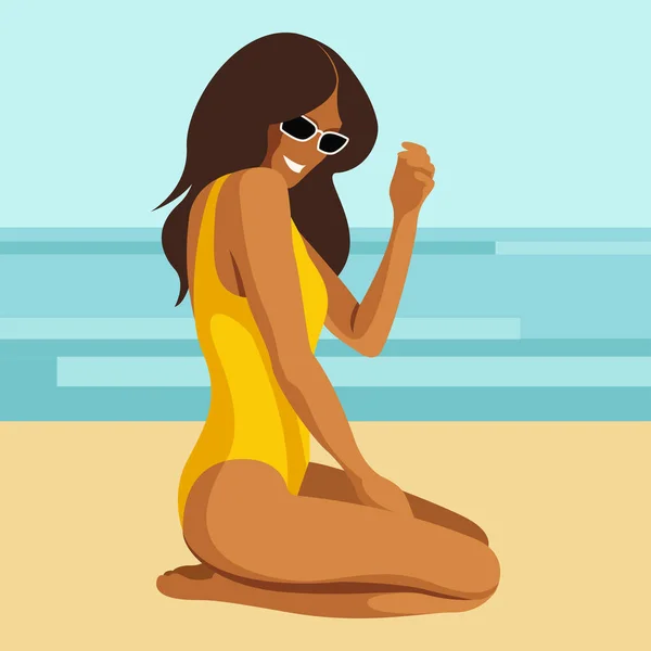 Vector Trendy Image Theme Summer Holidays Tanned Girl Yellow Swimsuit — 스톡 벡터