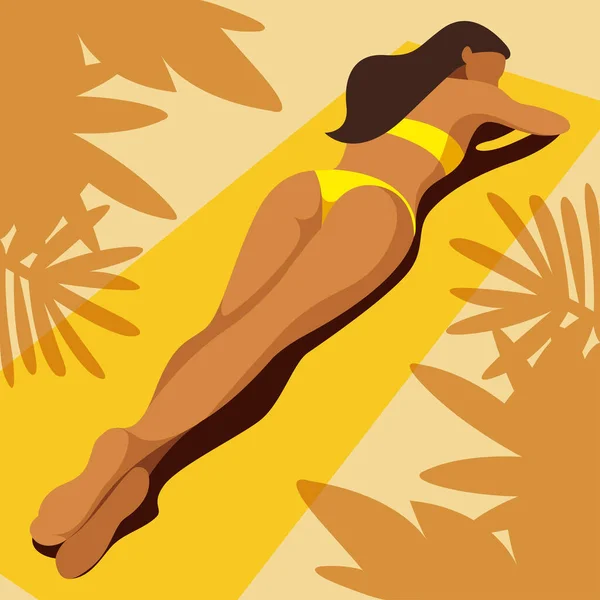 Vectorillustratie Het Thema Zomervakantie Mooi Gebruind Meisje Een Gele Bikini — Stockvector