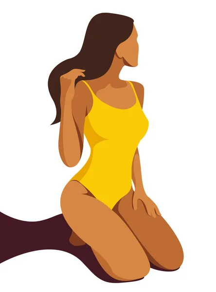 以暑假为主题的矢量趋势图解 一个穿着黄色泳衣的晒黑了的女孩跪在沙滩上 与白色背景隔离 适用于宣传暑假 — 图库矢量图片