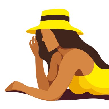 Yaz tatilleri temalı vektör görüntüsü. Sarı mayo giymiş, bronz tenli güzel bir kız plajda güneşleniyor. Yaz tatilleri, tatil beldeleri, oteller, plajlar için kullanışlı.