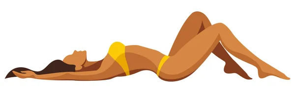 Yaz tatili konulu vektör illüstrasyonu. Sarı bikinili güzel, bronzlaşmış bir kız kumsalda güneşleniyor. Saçları kumlara saçılmış. Tropikal tatil reklamlarında işe yarıyor.