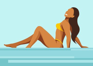 Yaz tatili konulu vektör illüstrasyonu. Sarı bikinili, genç, güzel, mutlu, bronzlaşmış bir kız sahilde güneşleniyor. Denize ya da okyanusa yakın bir yerde oturuyor. tropik tatil beldesi.