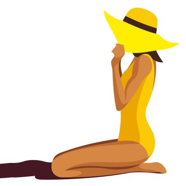 Yaz tatili konulu vektör illüstrasyonu. Sarı mayo giymiş bronzlaşmış bir kız kumsalda dizlerinin üzerinde beyaz bir arka planda izole edilmiş bir şapkayla oturuyor. Yaz tatili reklamları için kullanışlı