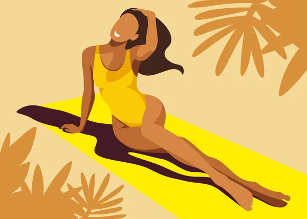 关于暑假主题的矢量图解 美丽的晒黑的女孩穿着黄色比基尼在海滩上的棕榈树树阴下晒日光浴 适用于暑假 度假胜地 — 图库矢量图片