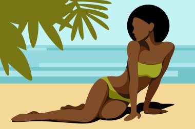 Yaz tatili temasında vektör modayı çizimi. Koyu tenli, yeşil bikinili bir kız plajda şapkasının altında dinleniyor. Yaz tatilleri, plajlar, tatil beldeleri, oteller için kullanışlı