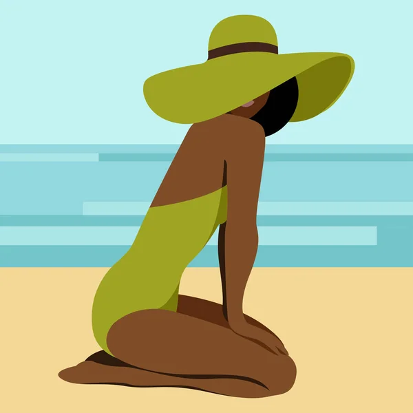 关于暑假主题的矢量图解 一位身穿绿色游泳衣 头戴红色大帽子的年轻漂亮的黑人姑娘正在靠近大海的海滩上或热带旅游胜地的海洋里晒太阳 — 图库矢量图片