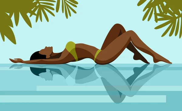 以暑假为主题的矢量趋势图解 一位身穿绿色比基尼 皮肤黝黑 身材苗条的女孩躺在游泳池边的海滩上 她在蓝色水中的倒影 孤立的元素 — 图库矢量图片