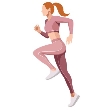 Spor üniformalı ve spor sutyenli güzel bir kızın vektör çizimi, beyaz arka planda izole edilmiş fitness, spor, trenler ile ilgilidir. Kadınlar koşar. Sabah koşusu. koşu.