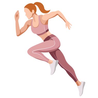 Spor üniformalı ve spor sutyenli güzel bir kızın vektör çizimi, beyaz arka planda izole edilmiş fitness, spor, trenler ile ilgilidir. Kadınlar koşar. Sabah koşusu. koşu