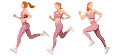 Spor üniformalı (tayt ve spor sutyenli) ince ve güzel bir kızın vektör set görüntüleri beyaz arka planda izole edilmiş fitness, spor, trenler ile ilgilidir. Kadınlar koşar. Sabah koşusu. koşu.