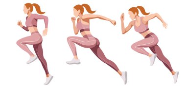 Spor üniformalı (tayt ve spor sutyenli) ince ve güzel bir kızın vektör set görüntüleri beyaz arka planda izole edilmiş fitness, spor, trenler ile ilgilidir. Kadınlar koşar. Sabah koşusu. koşu.