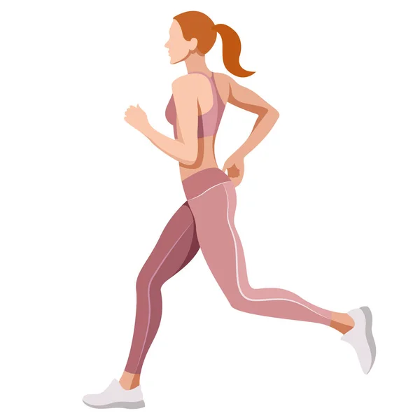 Spor üniformalı ve spor sutyenli güzel bir kızın vektör çizimi, beyaz arka planda izole edilmiş fitness, spor, trenler ile ilgilidir. Kadınlar koşar. Sabah koşusu. koşu.