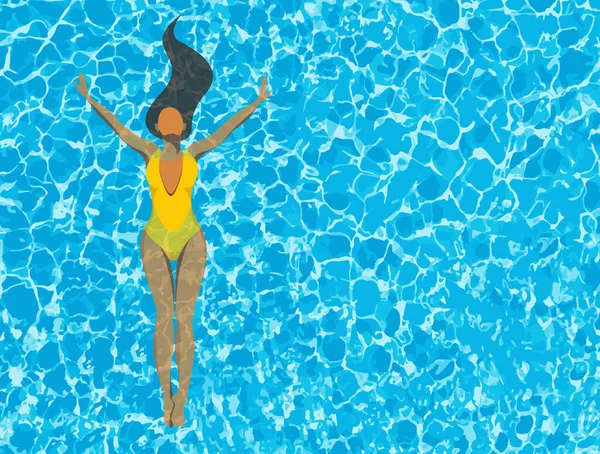 关于暑假主题的矢量图像 一位身穿黄色泳衣的漂亮的晒黑了的小女孩躺在游泳池蓝色的水面上 胳膊伸展 头发飘扬 热带假日 — 图库矢量图片