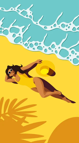 Vector Brillante Ilustración Soleada Una Hermosa Joven Bronceada Traje Baño — Archivo Imágenes Vectoriales